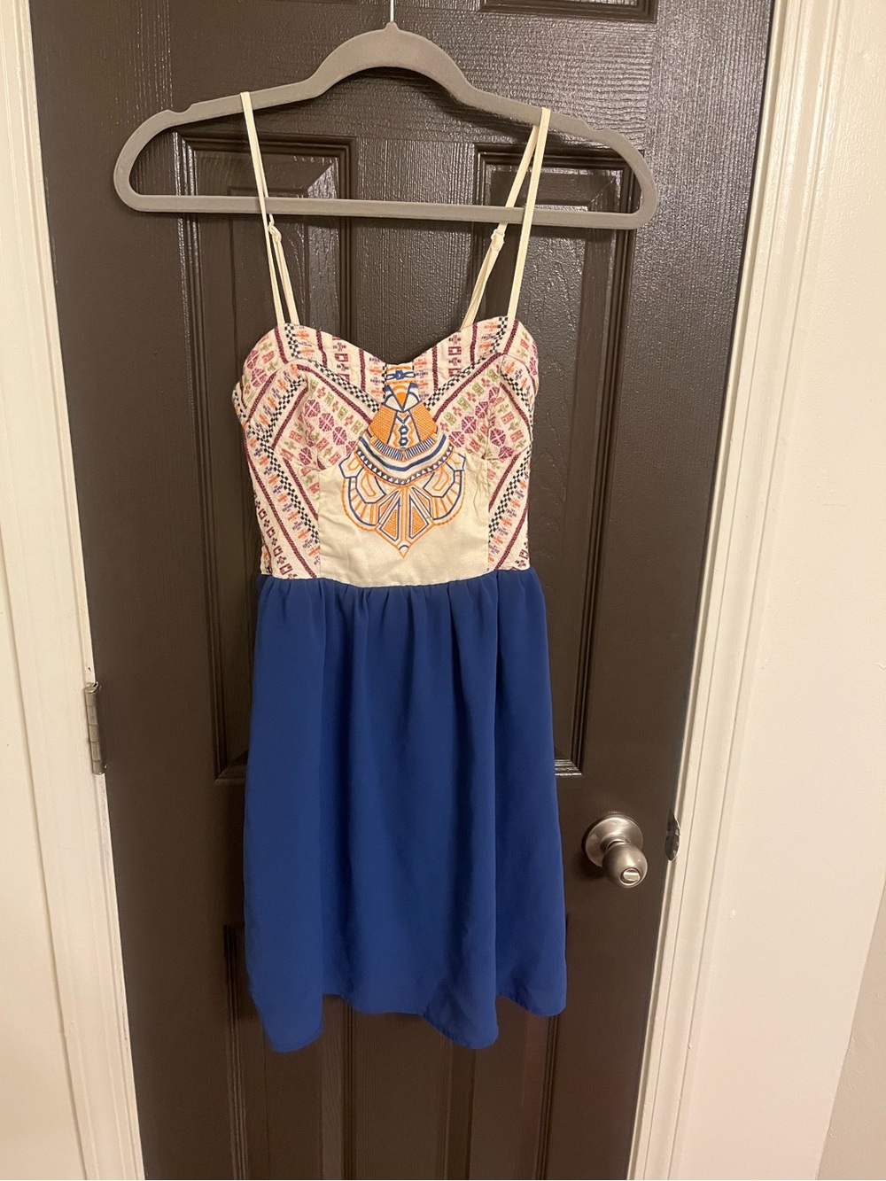 Flying Tomato Embroidered Cream & Blue Spaghetti Strap Minidress